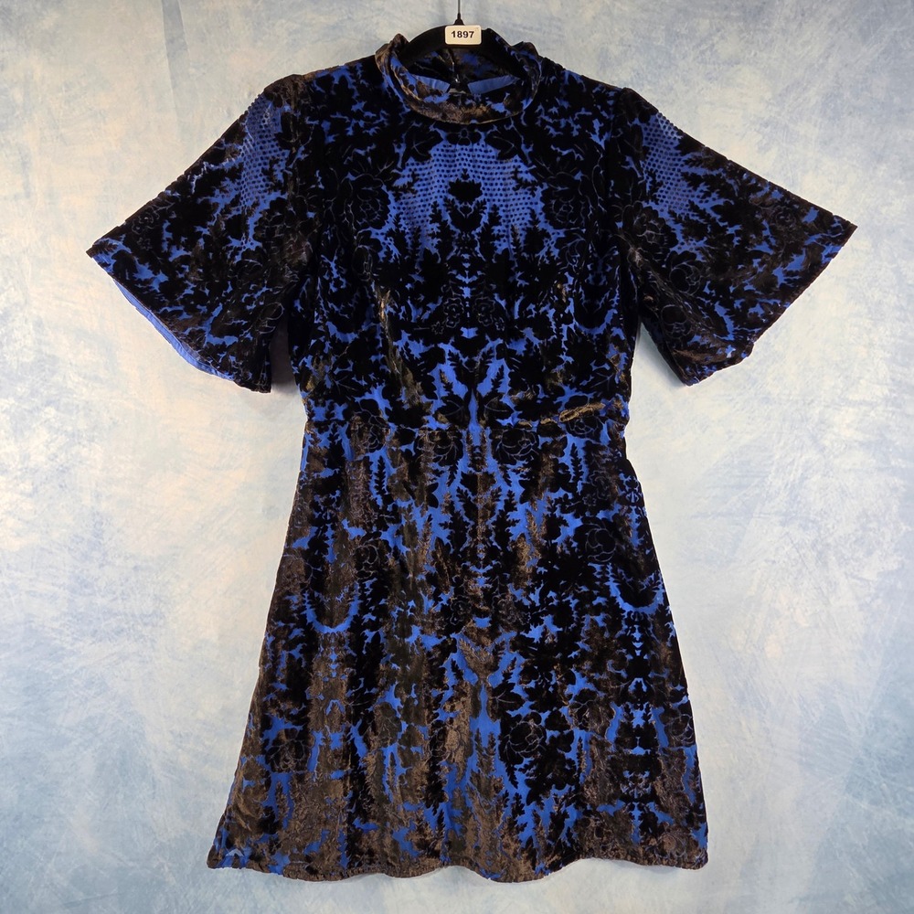Anthropologie Blue Black Velvet Burnout Floral Mini Dress Open Back Size 2